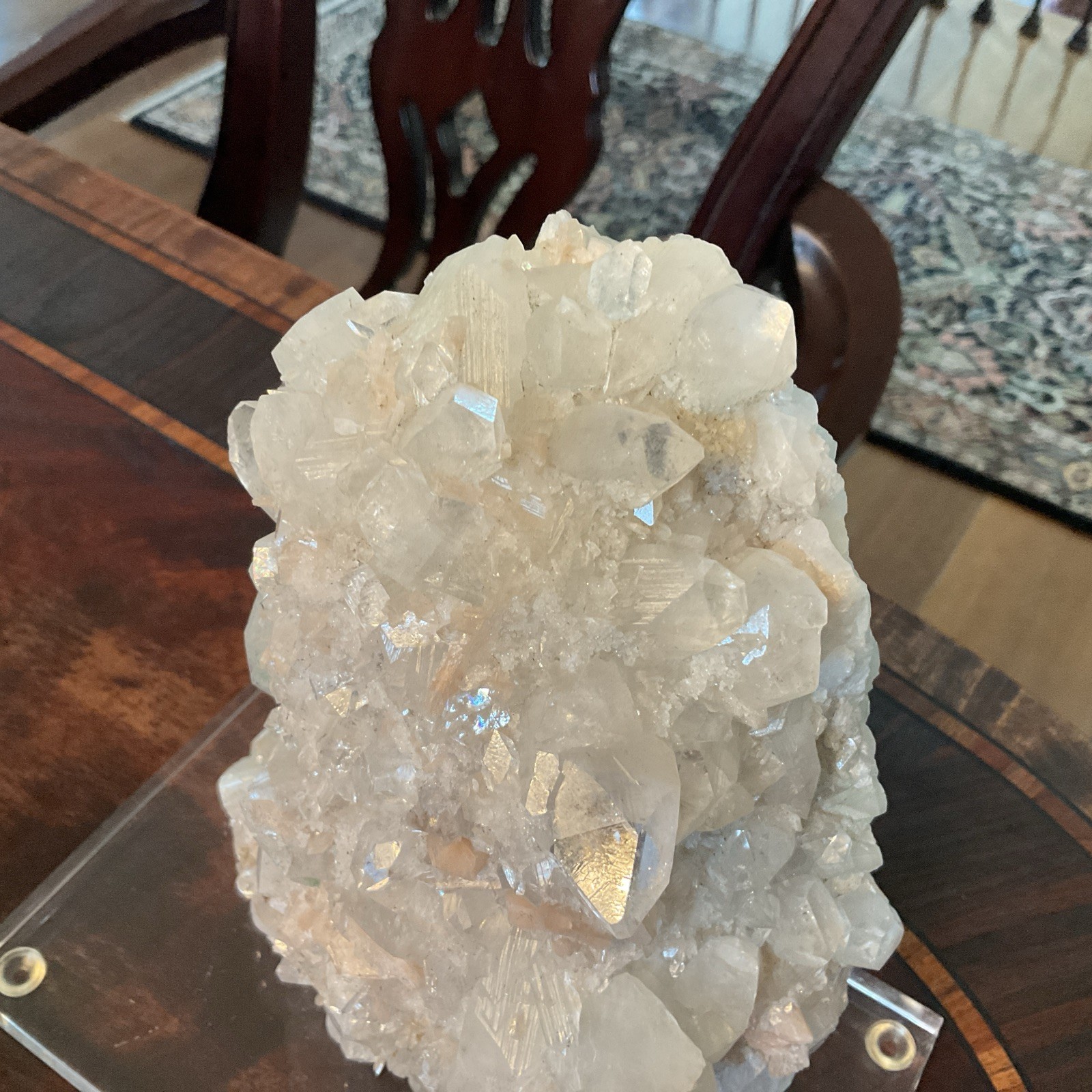Large Quartz Crystal Cluster w/ White & Peach Minerals Lucite Display 7.5” Tall