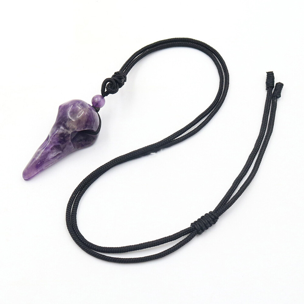 Crow Head Bird Skull Hand Pendant Natural Crystal Necklace Quartz Stone Carving