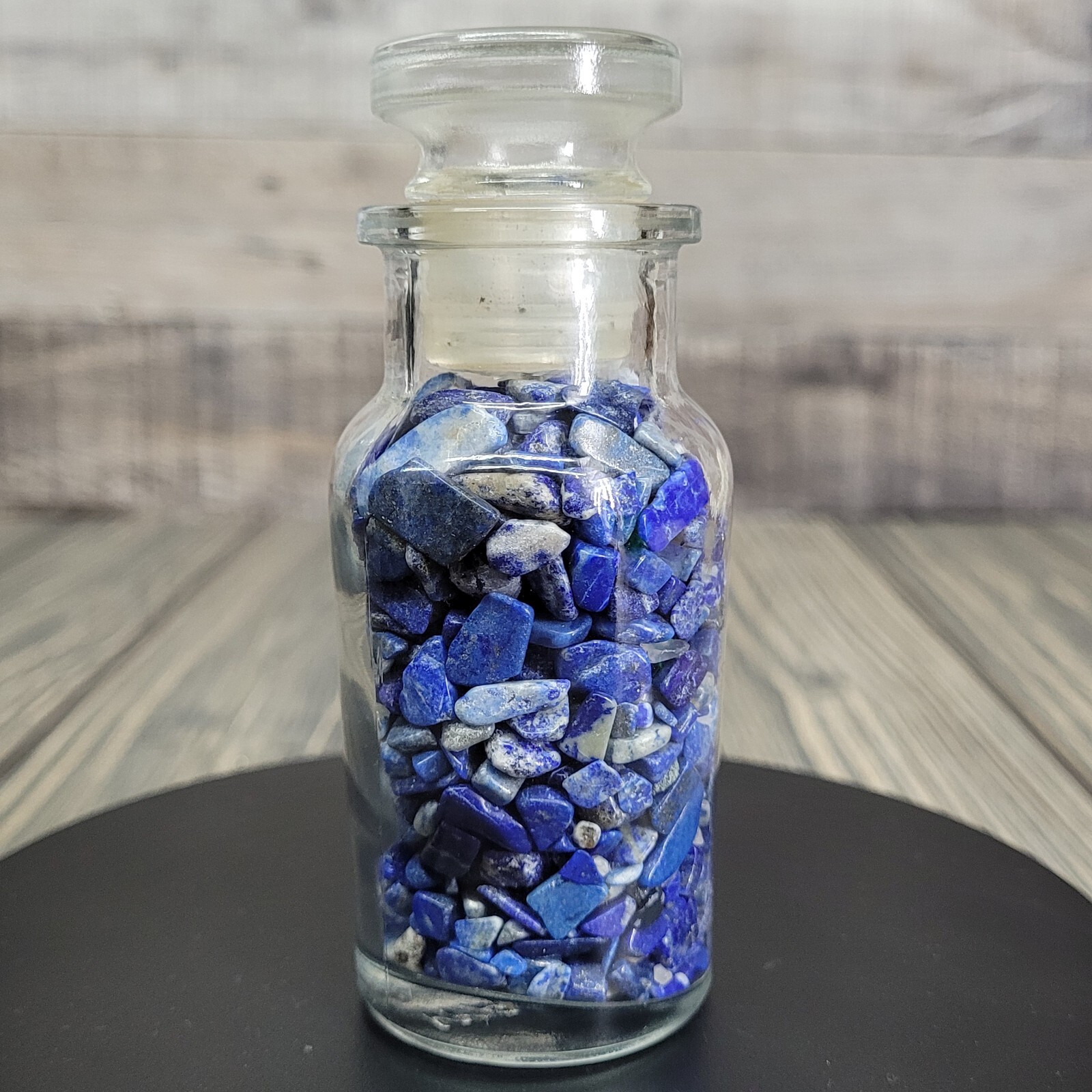 1/4lb Lapis Lazuli Crystal Tumbled Chips in Apothecary Vintage Glass Jar Wagner