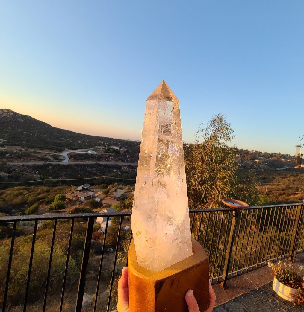 Clear Quartz Crystal Point/Tower Display Specimen w/ Wooden Stand, 12 in.
