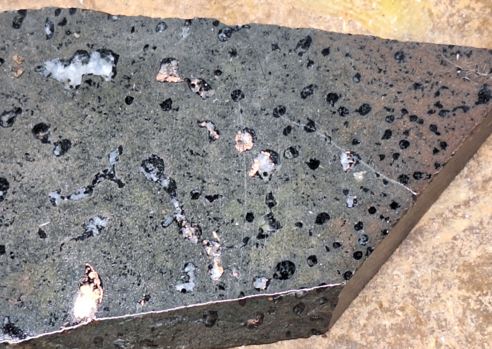 Stone Slab w Copper and Calcite in Basalt and More – Polished Display Specimen