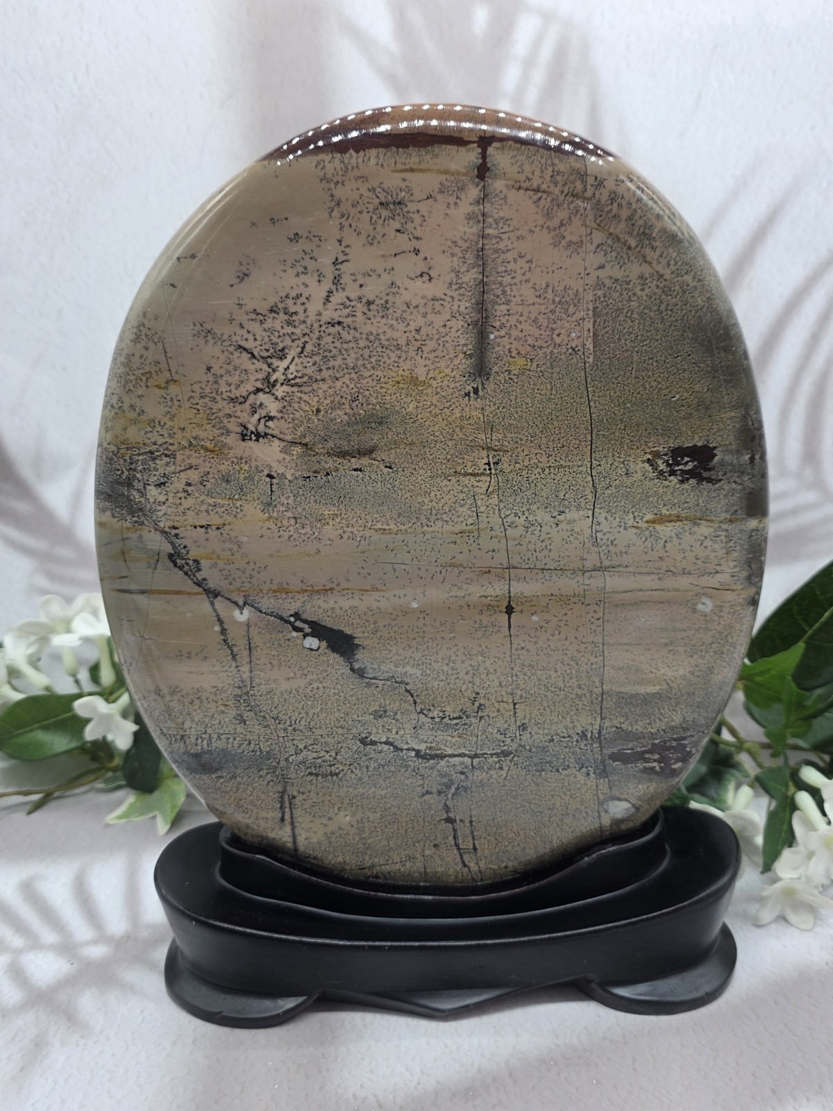 Large Picture Jasper Oval Plaque Scenic Stone Art Wood Stand 6 lb 14 oz