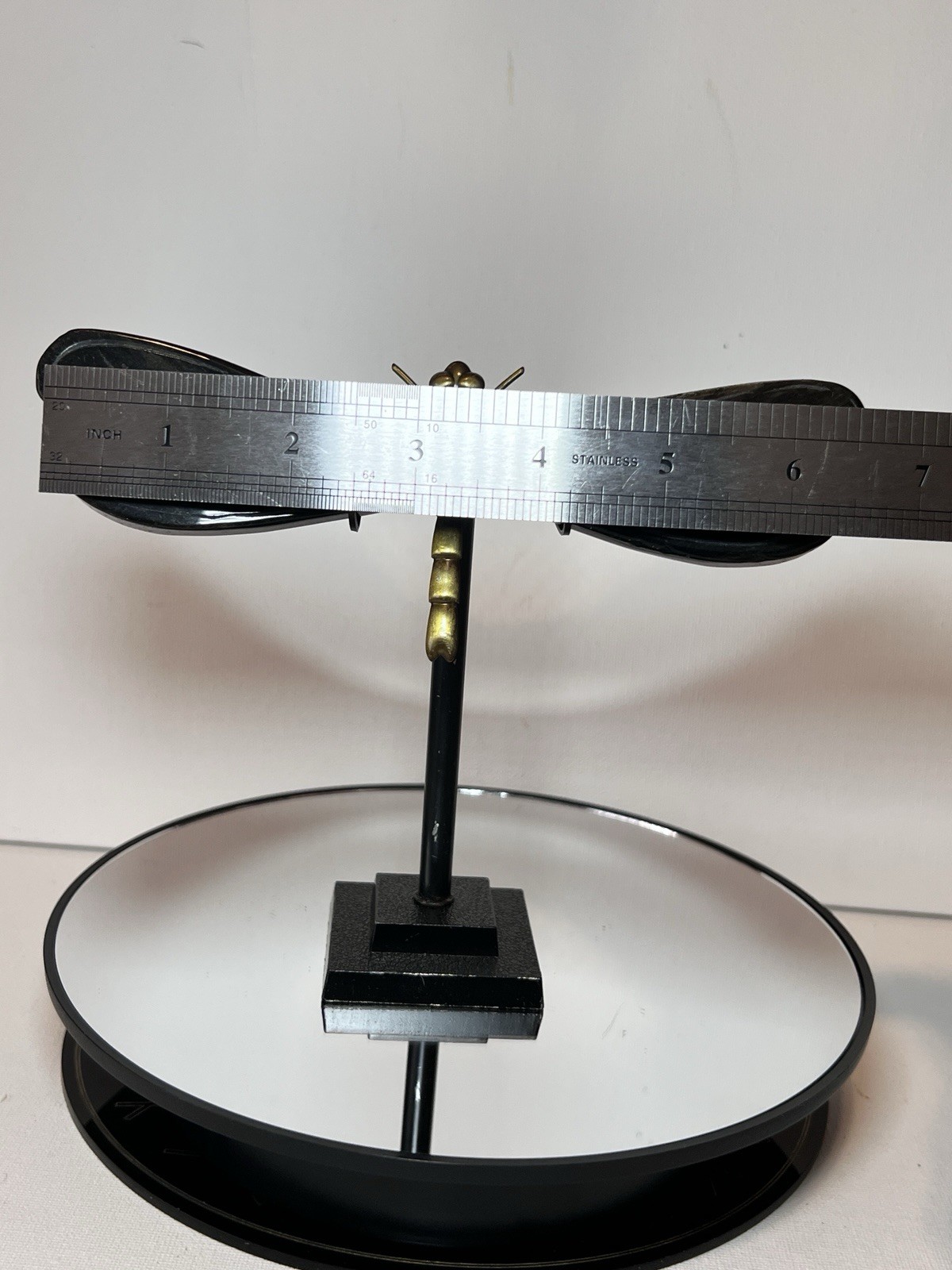 Golden Sheen Obsidian Dragon Fly Carving W/Holder – Measurements In Photos
