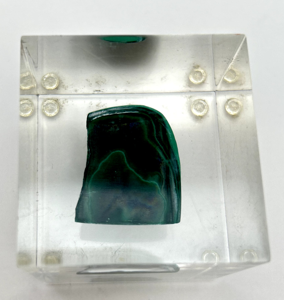 Polished Malachite Acrylic Lucite Paperweight Cube 2″