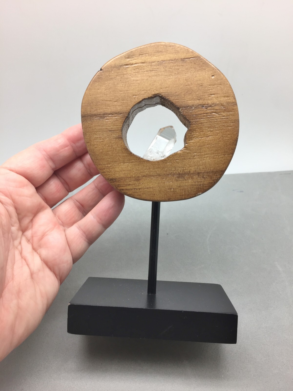 Natural Quartz Crystal In Wood Display Pedestal Modern Home Decor Interior 7″