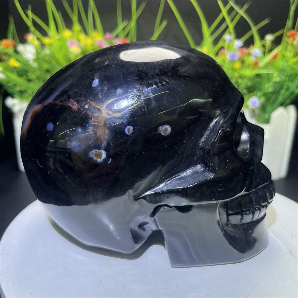 2.2LB 3.9″ Natural Black Sardonyx Agate Skull Carving Crystal Quartz Home Decor
