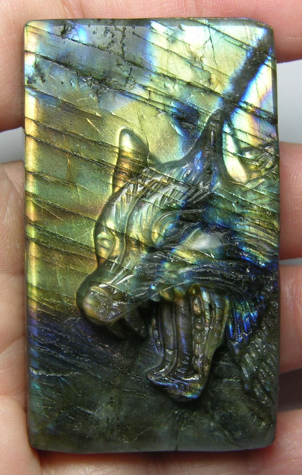 #9 Madagascar 100% Natural Labradorite wolf Carving 61.00mm X 36.00mm x 16.00mm