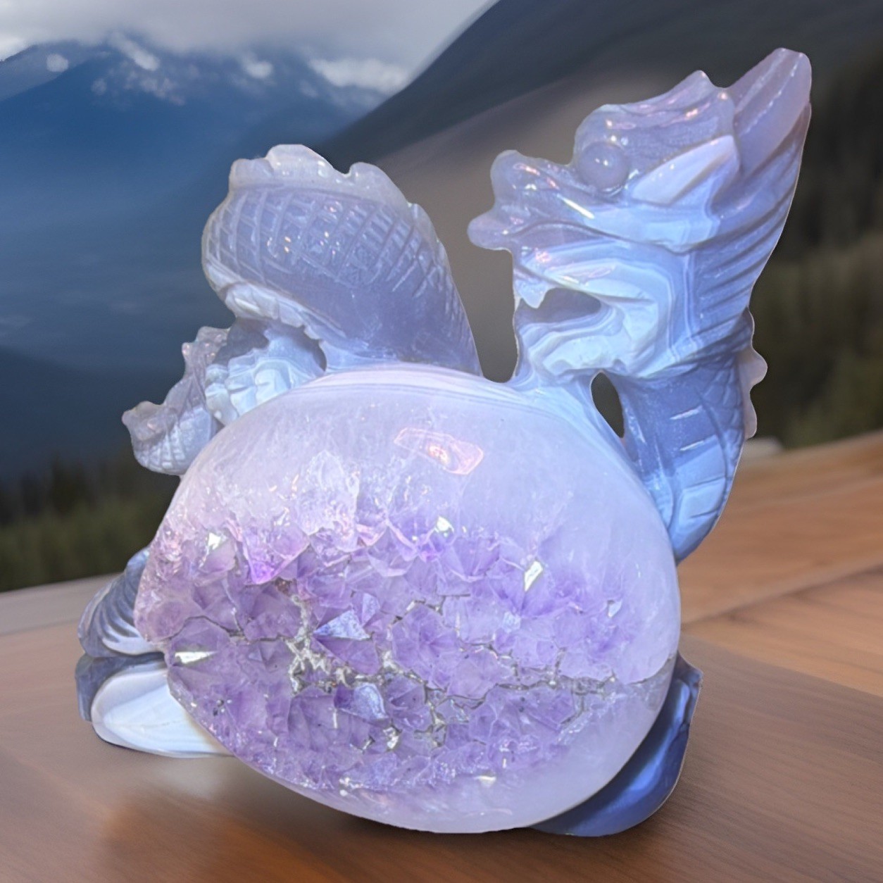 Carved Dragon Stand with Purple Amethyst Druzy Geode Crystal Egg Sphere