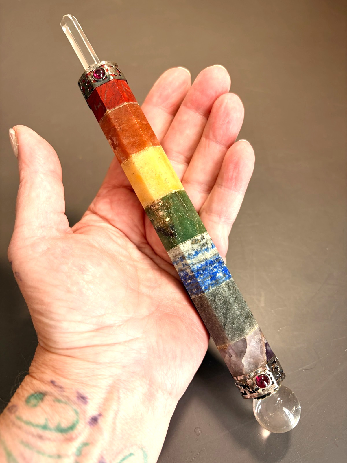 8” Chakra Healing Wand – 7 Bonded Stones w/Clear Quartz Point NEW