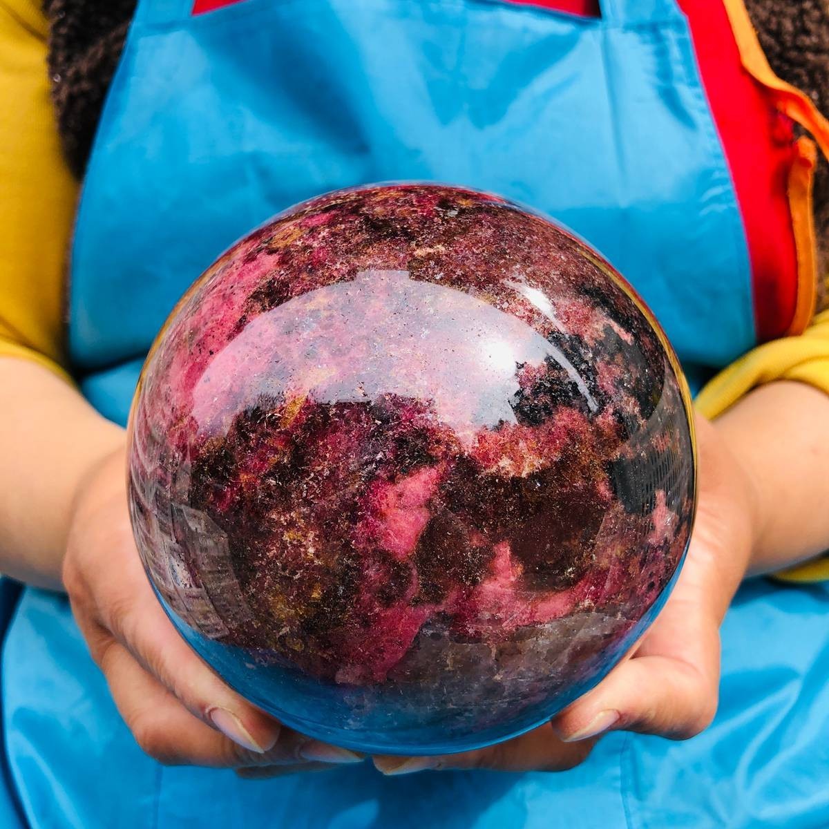 6.6LB Natural Rhodonite Crystal Sphere Pink Black Healing Gem Stone 4802
