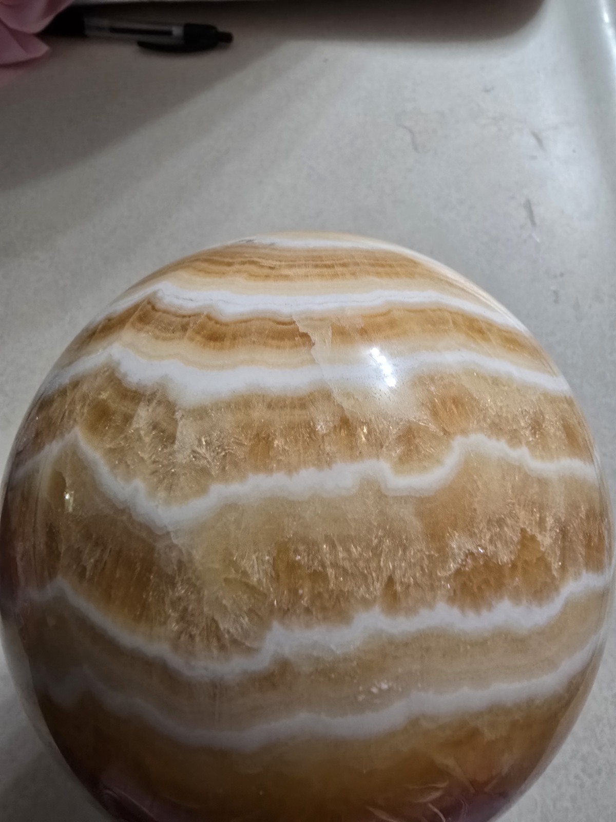 Orange Banded Calcite Polished Sphere Display, 4.47 in & 5.5 lbs W/Stand.
