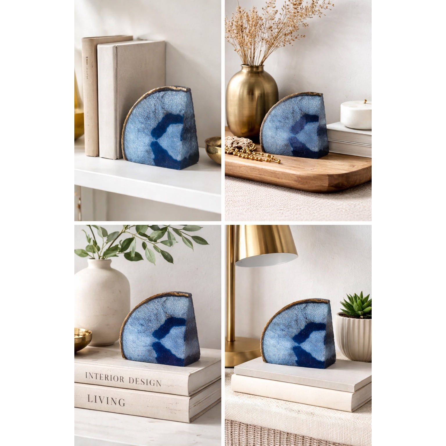 Modern Blue Agate Geode Bookend Half Polished Druzy Quartz Decor 5in 3lb