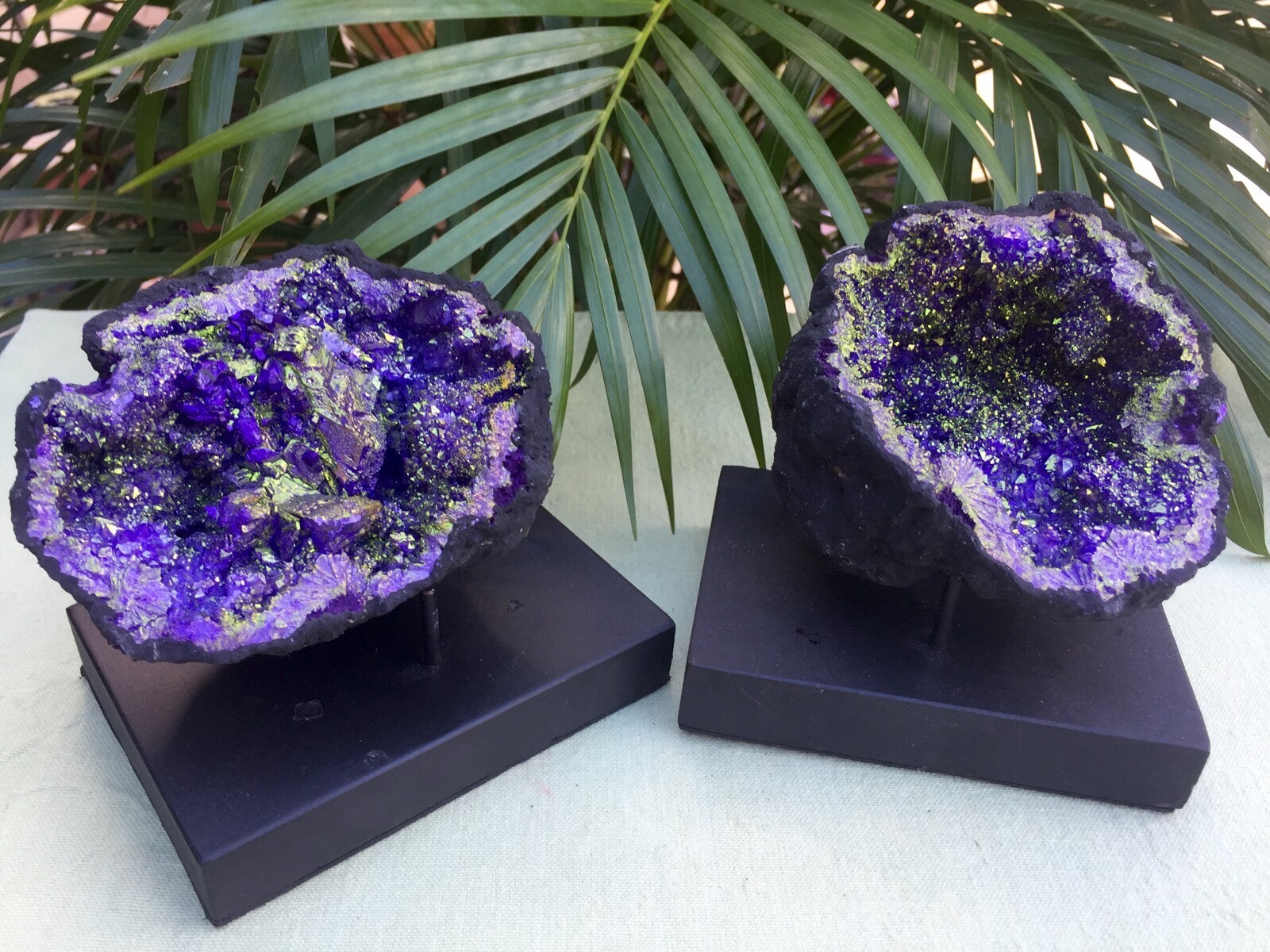 Large Purple Geode Pair W/Stands Crystal Geode Quartz Moroccan Geode Half Open.