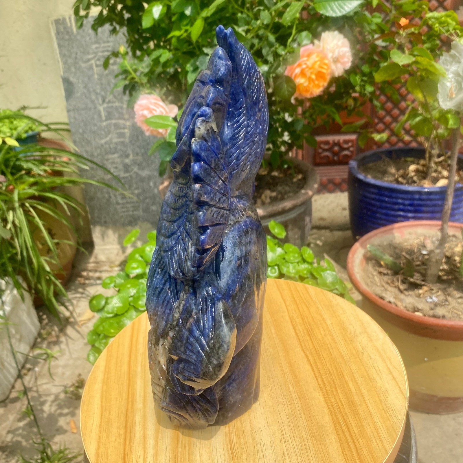 7.71LB Natural Blue Vein Stone Phoenix Carving, Home Decoration