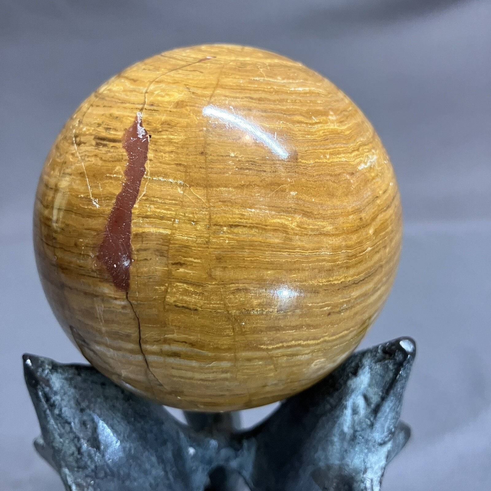 3” Banded Gemstone Dolphin Stand / Onyx ? Stone / Sphere Ball / 76mm / REPAIRED