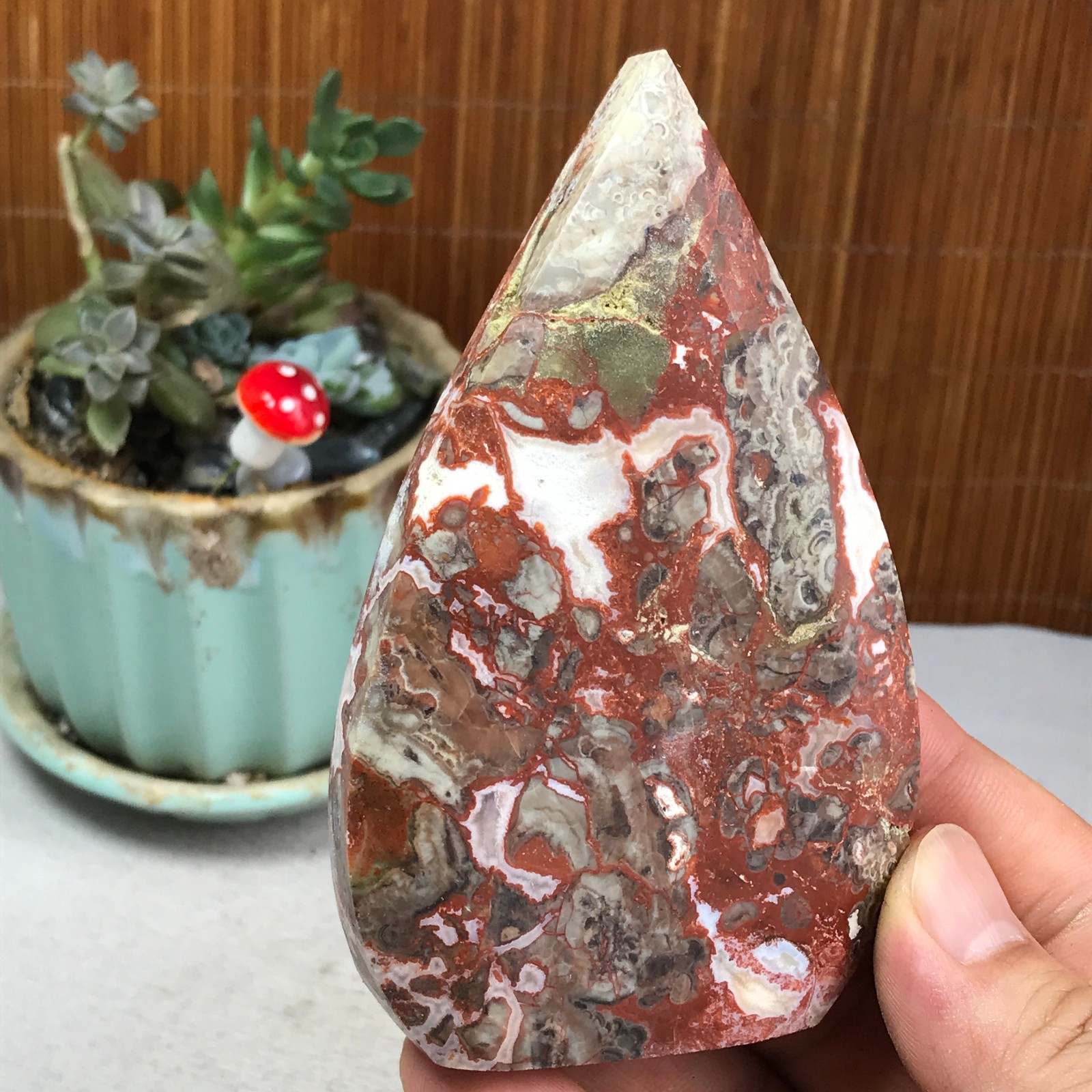 Natural money Mexico agate hand carve leaf Crystal Specimen free standing A6255