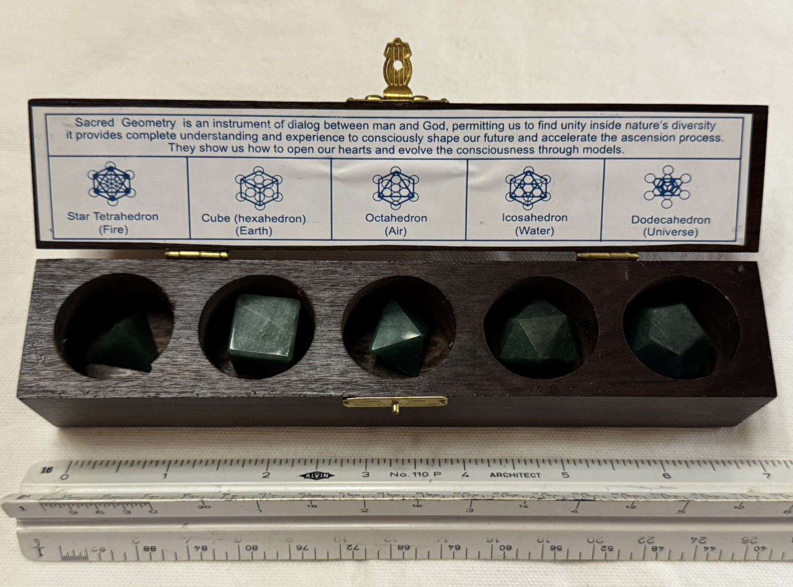 Vintage Green Indian Agate 5pc Sacred Geometry Set Platonic Solids w/Wooden Box