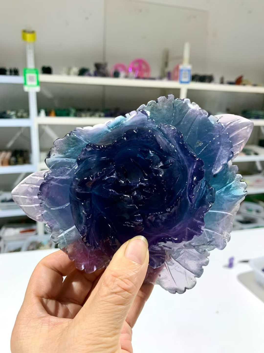 1pc Natural Purple Fluorite Quartz Carved Peony Flower Skull Crystal Reiki Decor