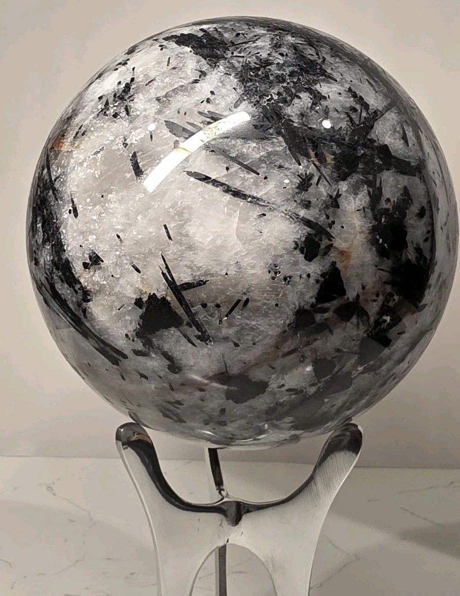 16.8LB 7″ Huge Tourmalinated Quartz Sphere Black Tourmaline Crystal Orb / Stand