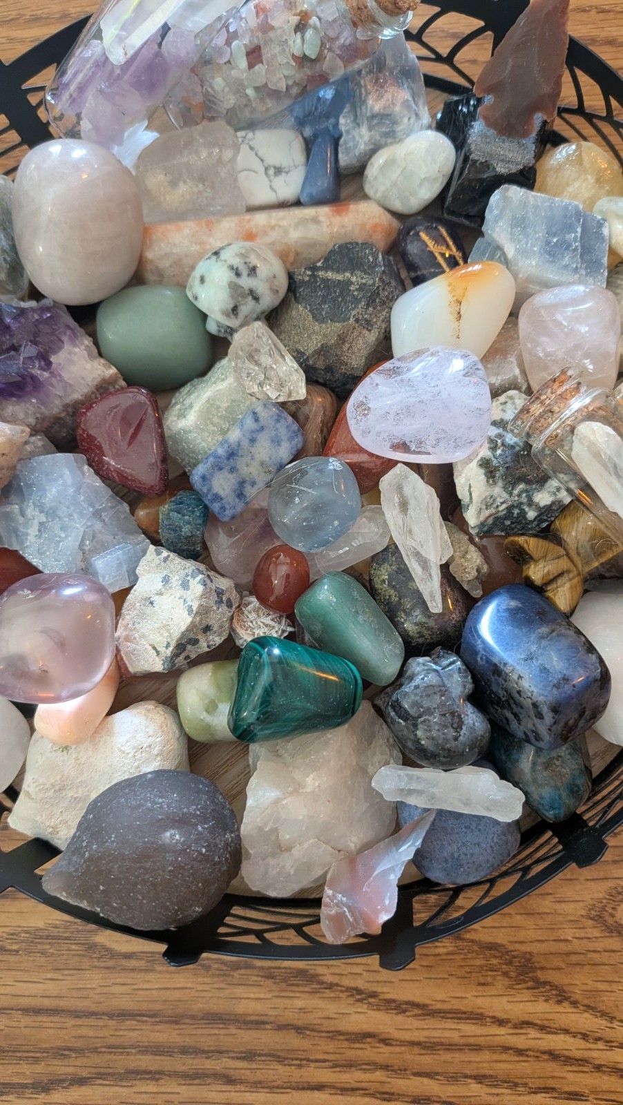 Mixed Crystal & Mineral Lot Tumbled Stones, Points, Mini Glass Vials in Basket