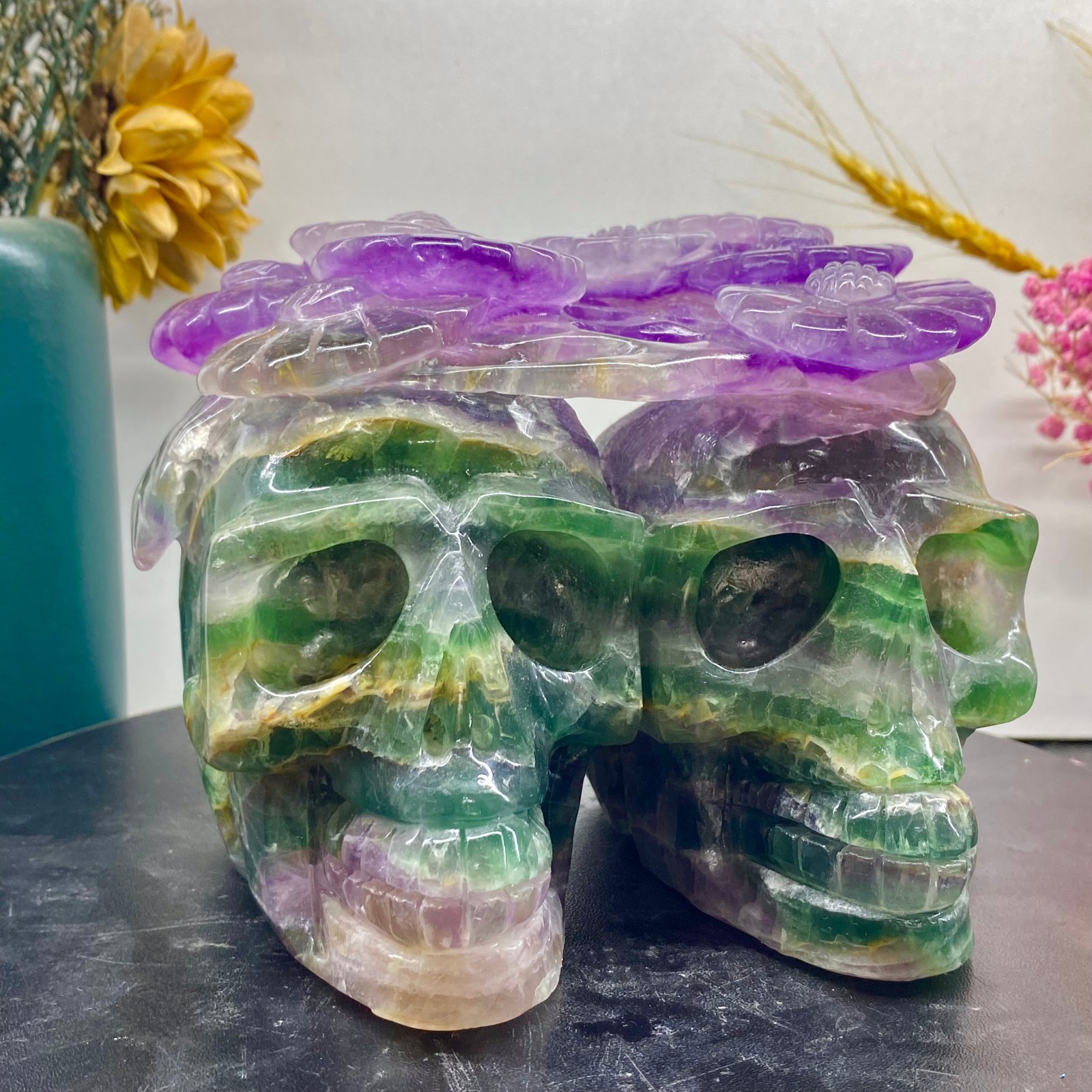 7.05LB Natural fluorite skull quartz hand carved crystal skull healing