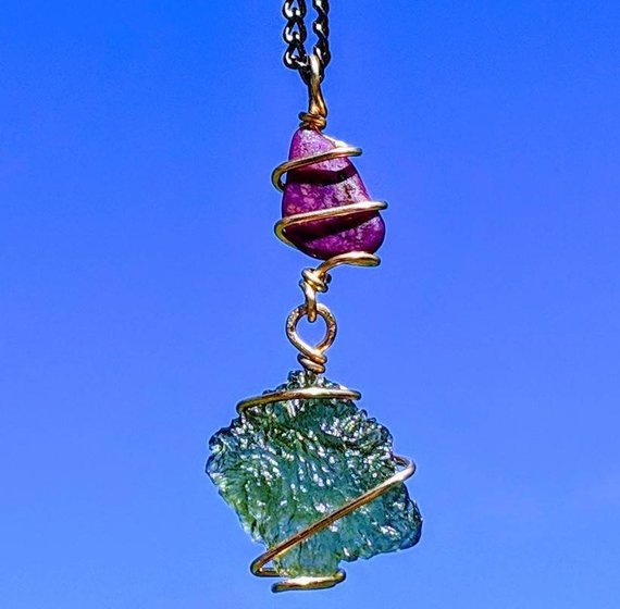 MOLDAVITE & SUGILITE Pendant In GOLD. Amulet Tektite Crystal Necklace Synergy 12