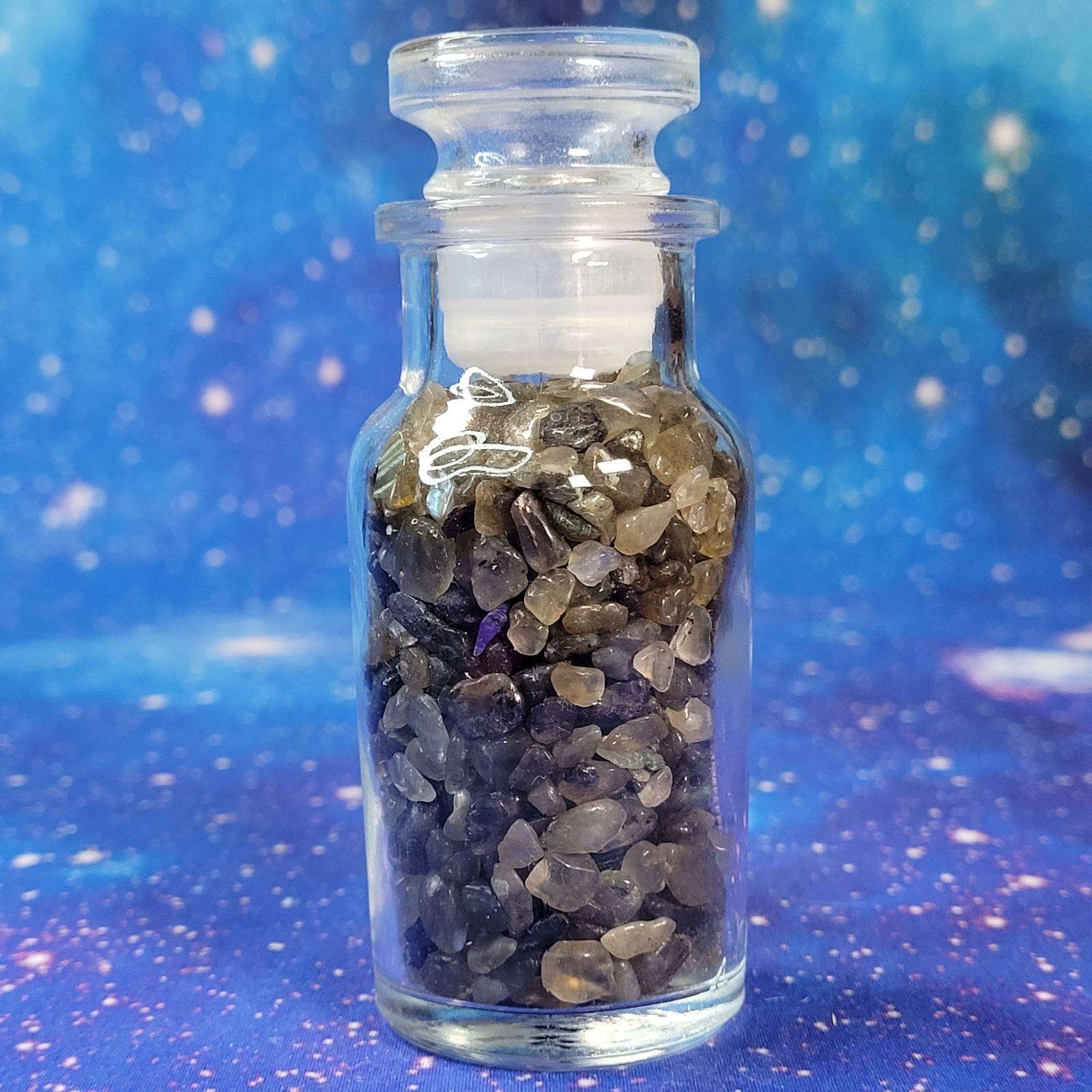 1/4 lb Labradorite Crystal Tumbled Chips in Apothecary Vintage Glass Jar Wagner