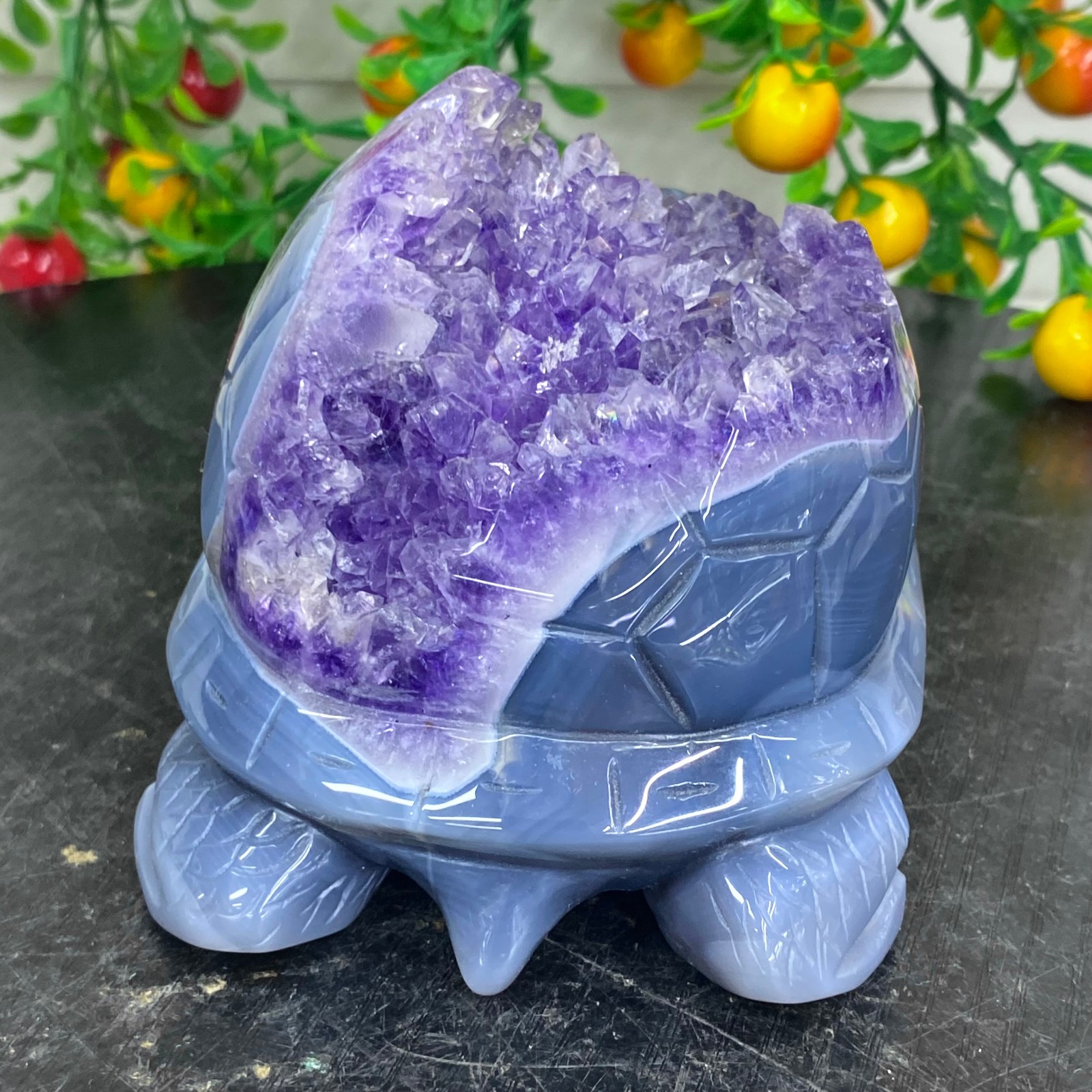 2.51LB Natural amethyst agate turtle Crystal turtle carving healing Home decora