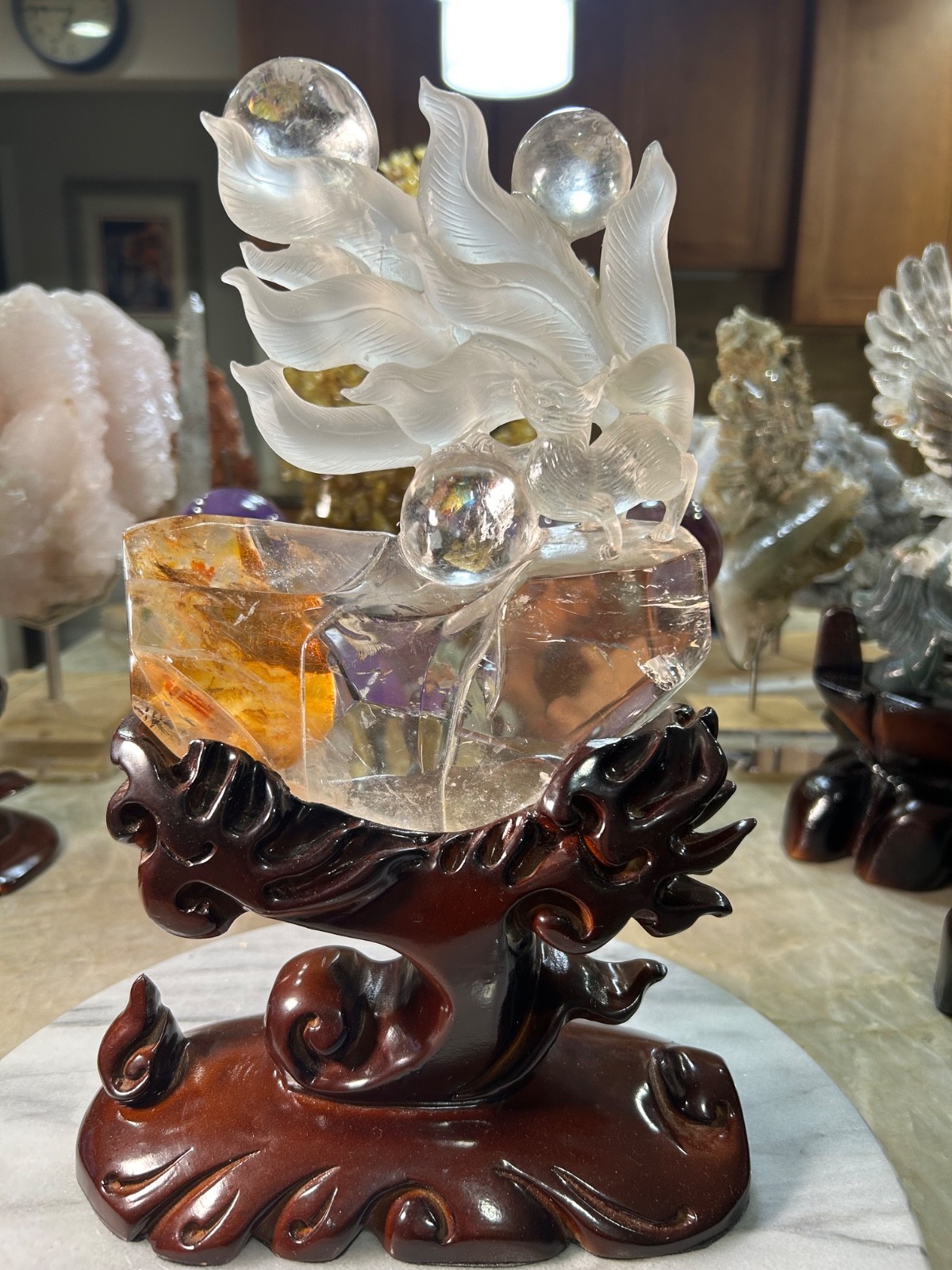 Clear Quartz healer nine 9 tail FOX carving on custom wood stand large
