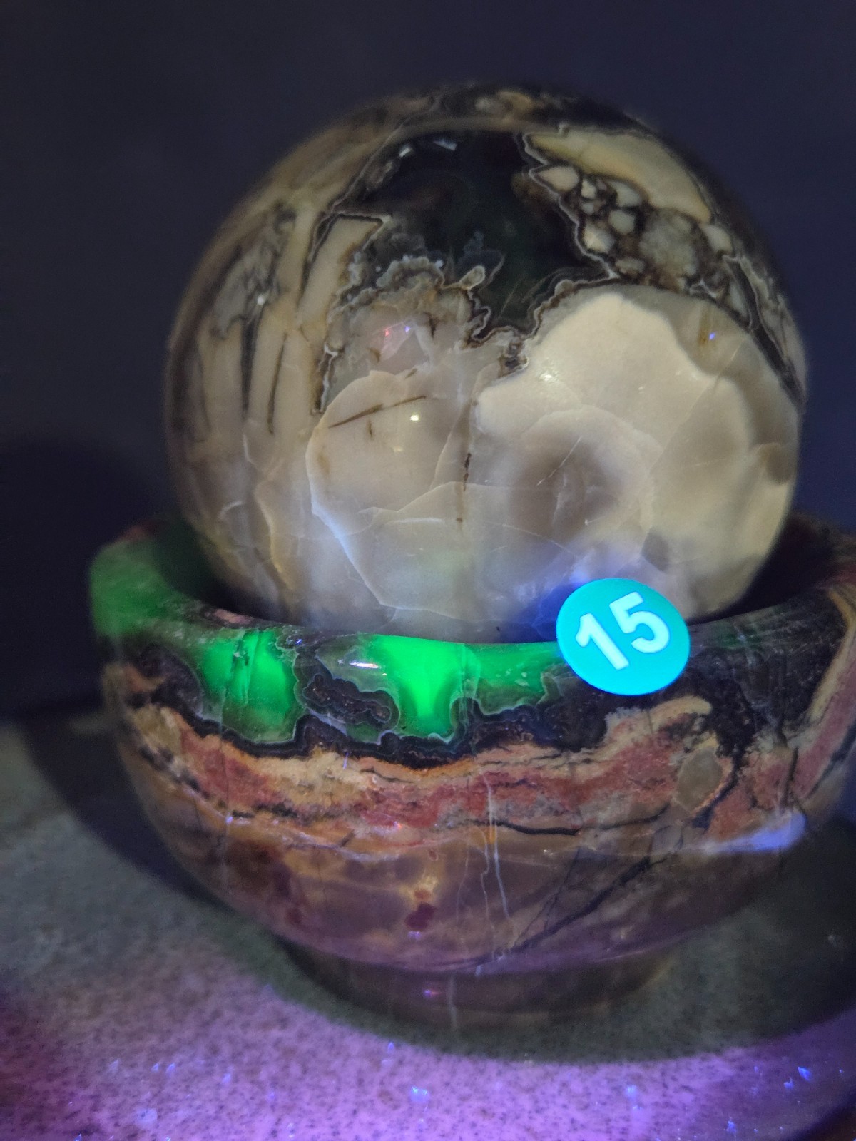 Set of (2) UV Reactive Football Agate dish/holder & Volcano sphere! G15