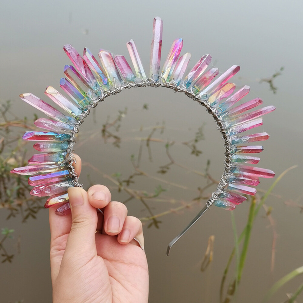 Sun Goddess Crown Hair Hoop Raw Crystal Quartz Tiara Headband Color Gradient