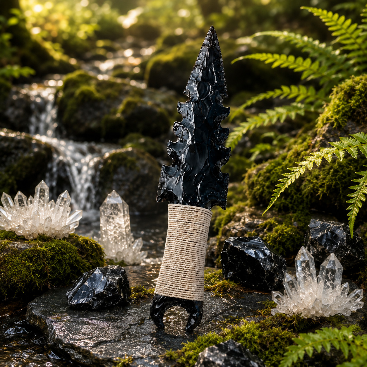 Handmade Black Obsidian Crystal Knife 10″ Flint Knapped Ritual Athame Gift
