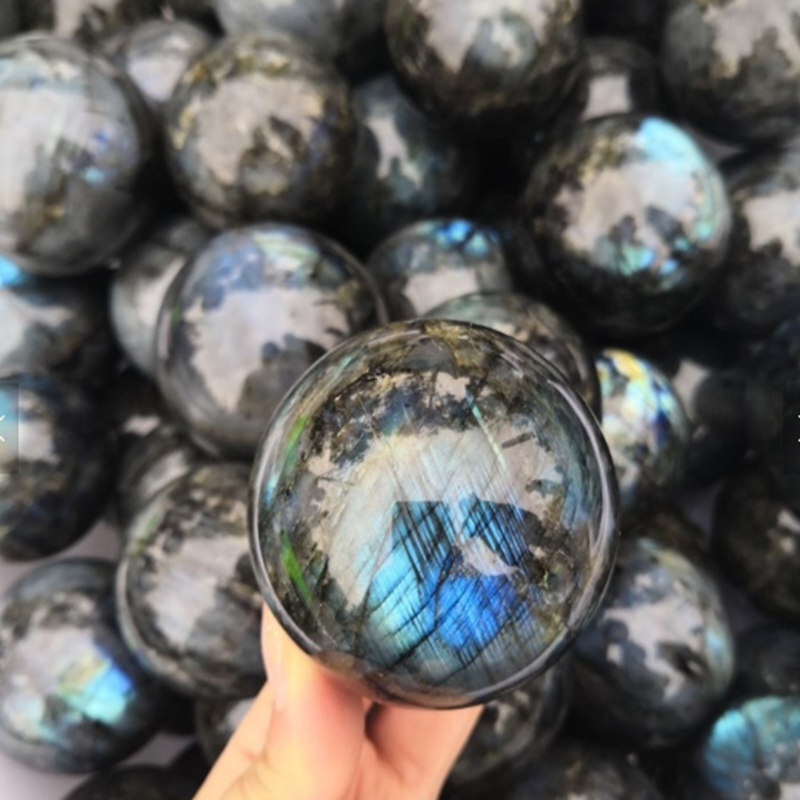 50mm Natural Labradorite Quartz Crystal Stone Sphere Healing Energy Ball + Stand