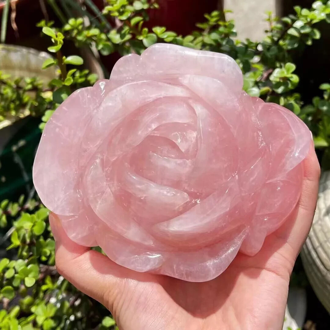 1PC Natural Pink Rose Quartz Carved Crystal Flower Skull Reiki Healing Decor