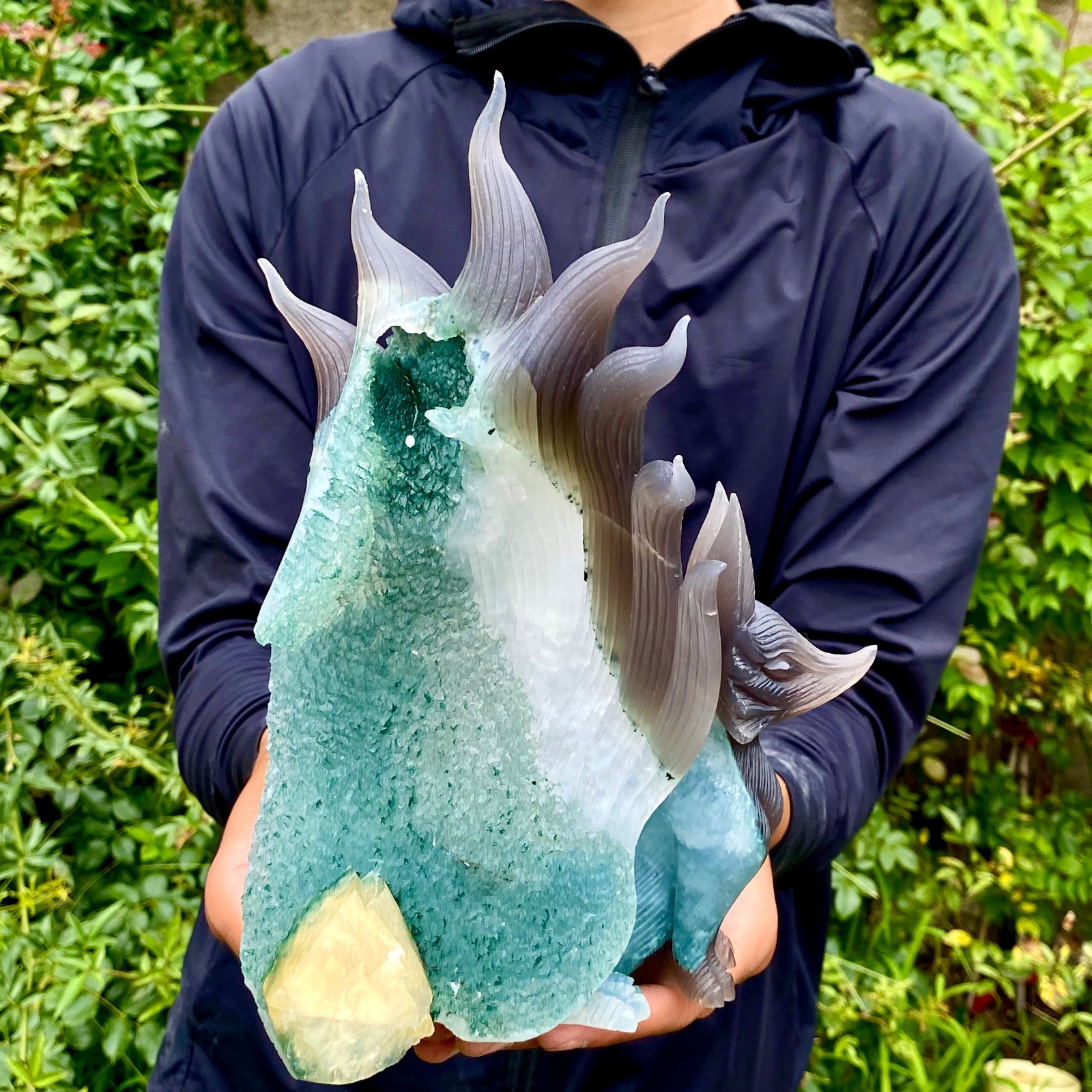 4LB Natural Amethyst Geode Hand Carved Nine-tailed Fox Quartz Crystal Decor