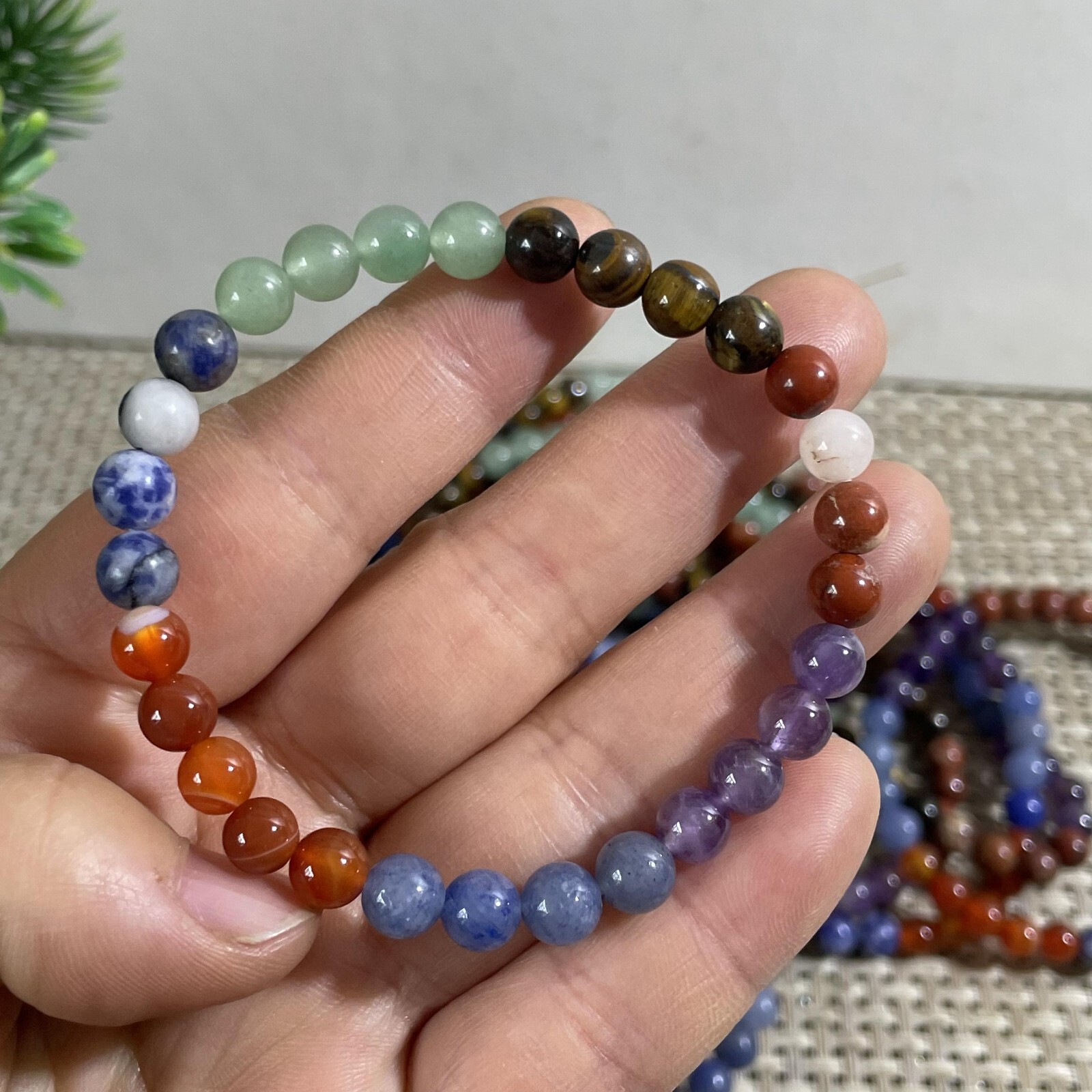 Wholesale 5 Pcs mixed gem stone 6mm Quartz Crystal Stretch Bracelet