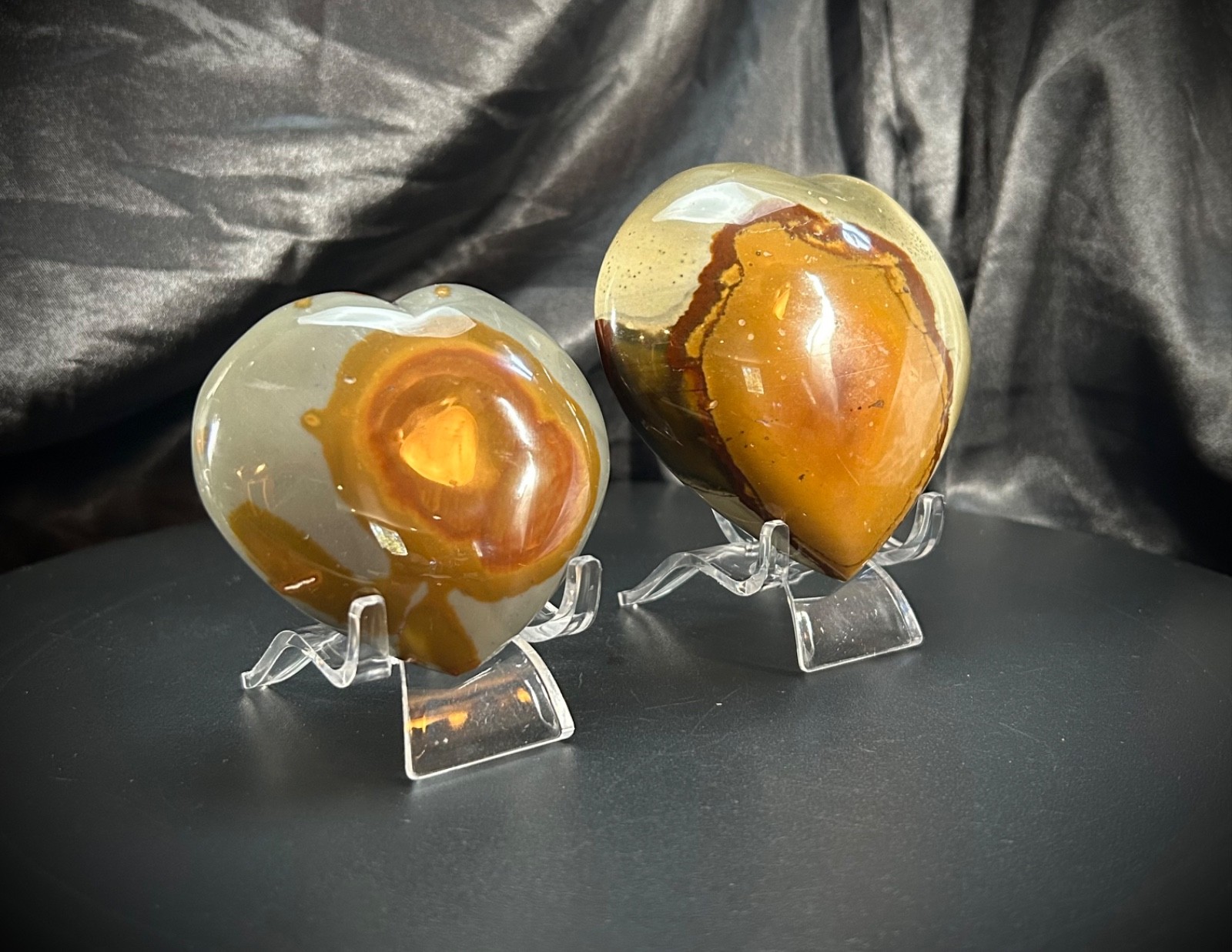 Chunky Polychrome (Desert) Jasper Heart Pair with Acrylic Stands 1lb 3.9oz total