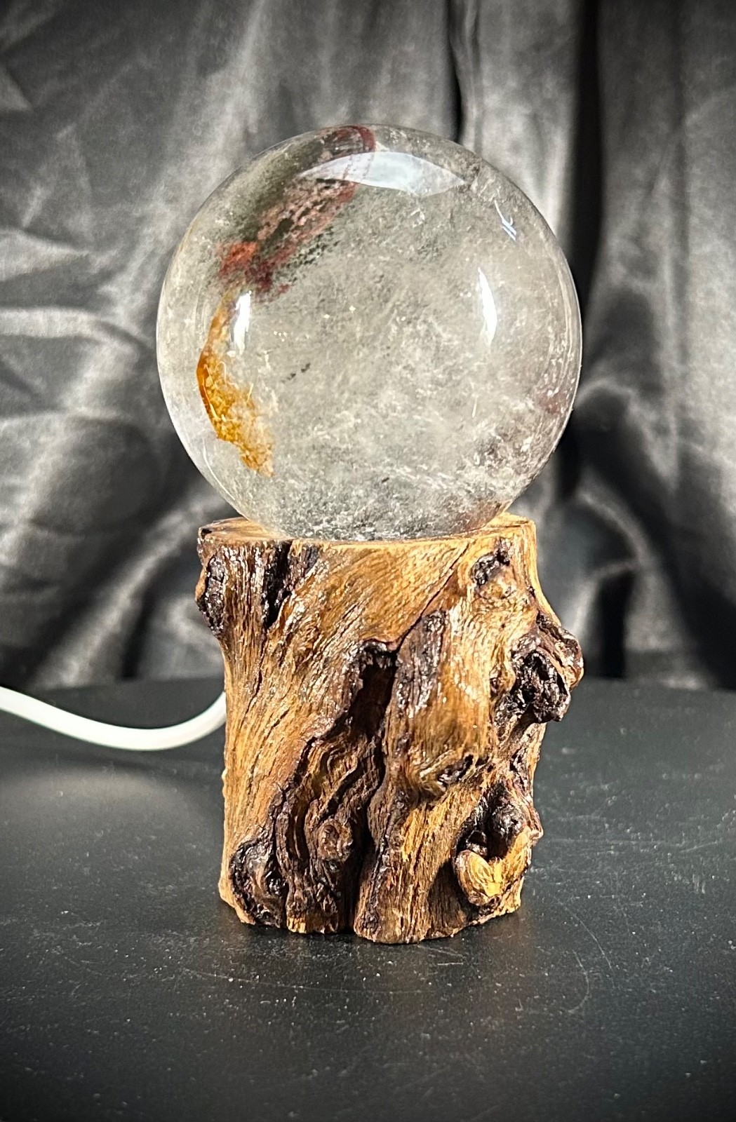 2.34 inch Garden Quartz Sphere With Custom Lighted Natural Wood Stand