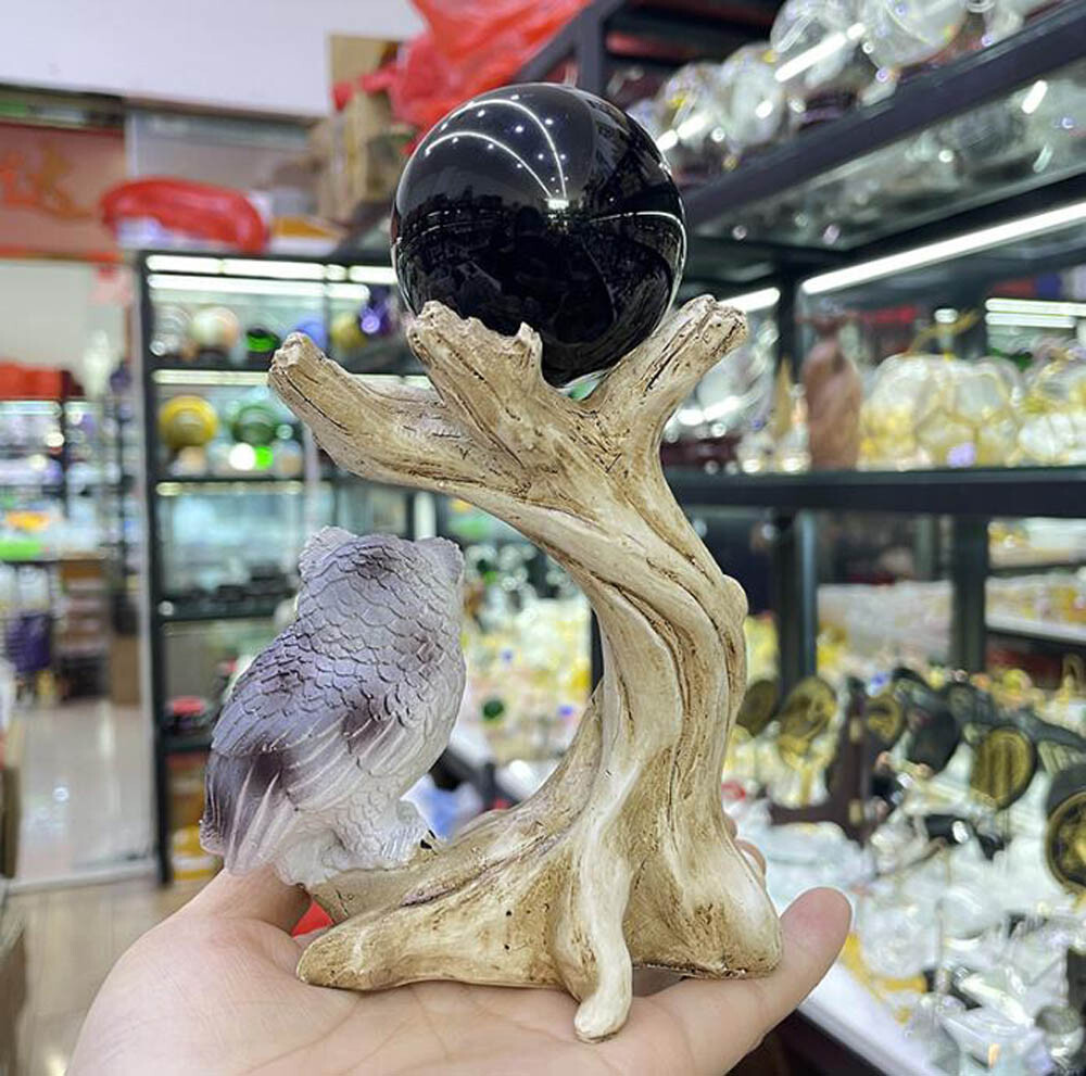Owl Resin Sphere Holder Stand Base Natural Crystal Ball Hand Decoration Gift USA