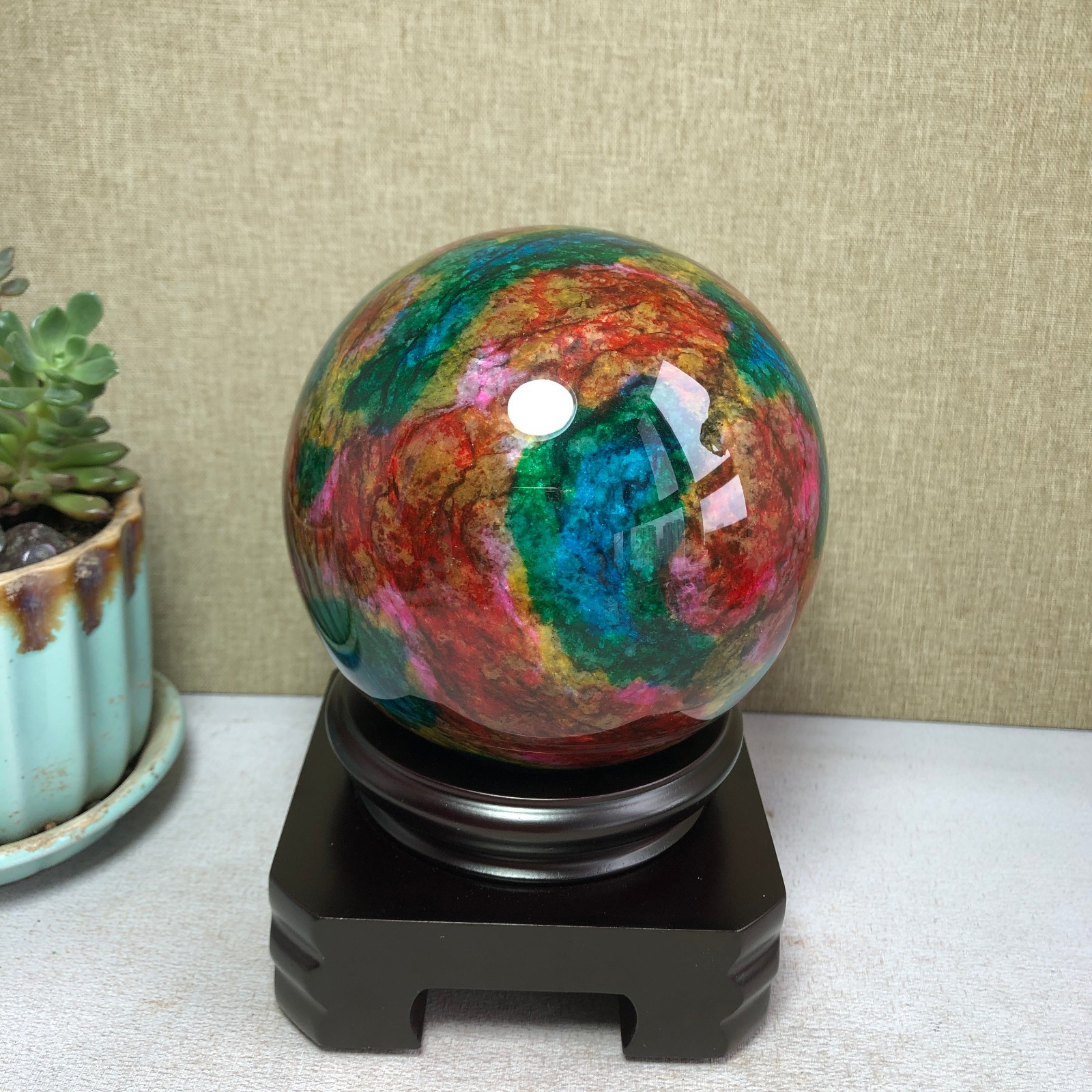 Natural “Seven Colors Jade” sphere flat bottom specimen Taiwan China 99mm A4577