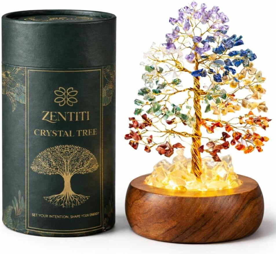 7 Chakra Crystal Tree of Life with LED Light, Handcrafted Gemstone Bonsai with Q