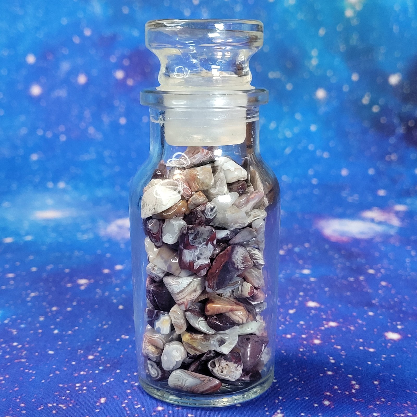 Mexican Crazy Lace Agate Stone Tumbles in Vintage 4 oz Apothecary Glass Jar