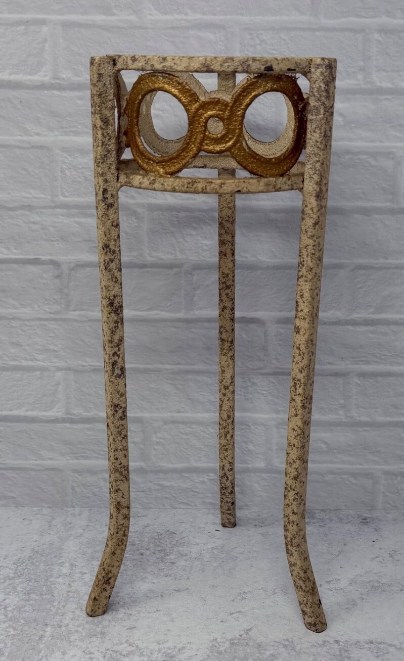 Vintage Wrought Iron Painted Cream Gold Metal Sphere Crystal Ball Stand Display