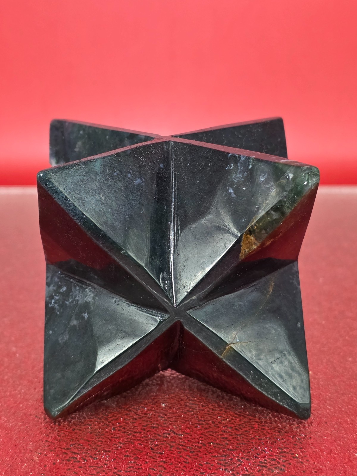 423g Moss Agate 8 Point Merkaba Star Carving Crystal Sacred Geometry Healing