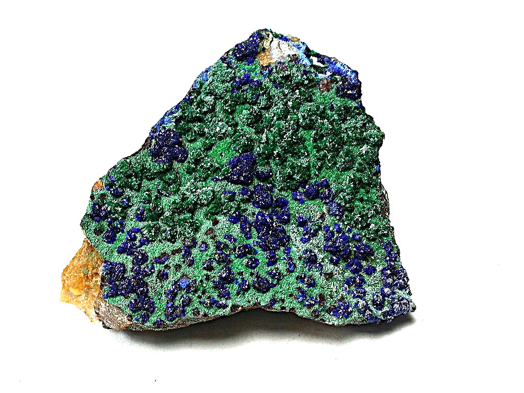 MINERALS : FIBROUS MALACHITE WITH BLUE AZURITE AND WHITE CERUSSITE XTLS, MOROCCO