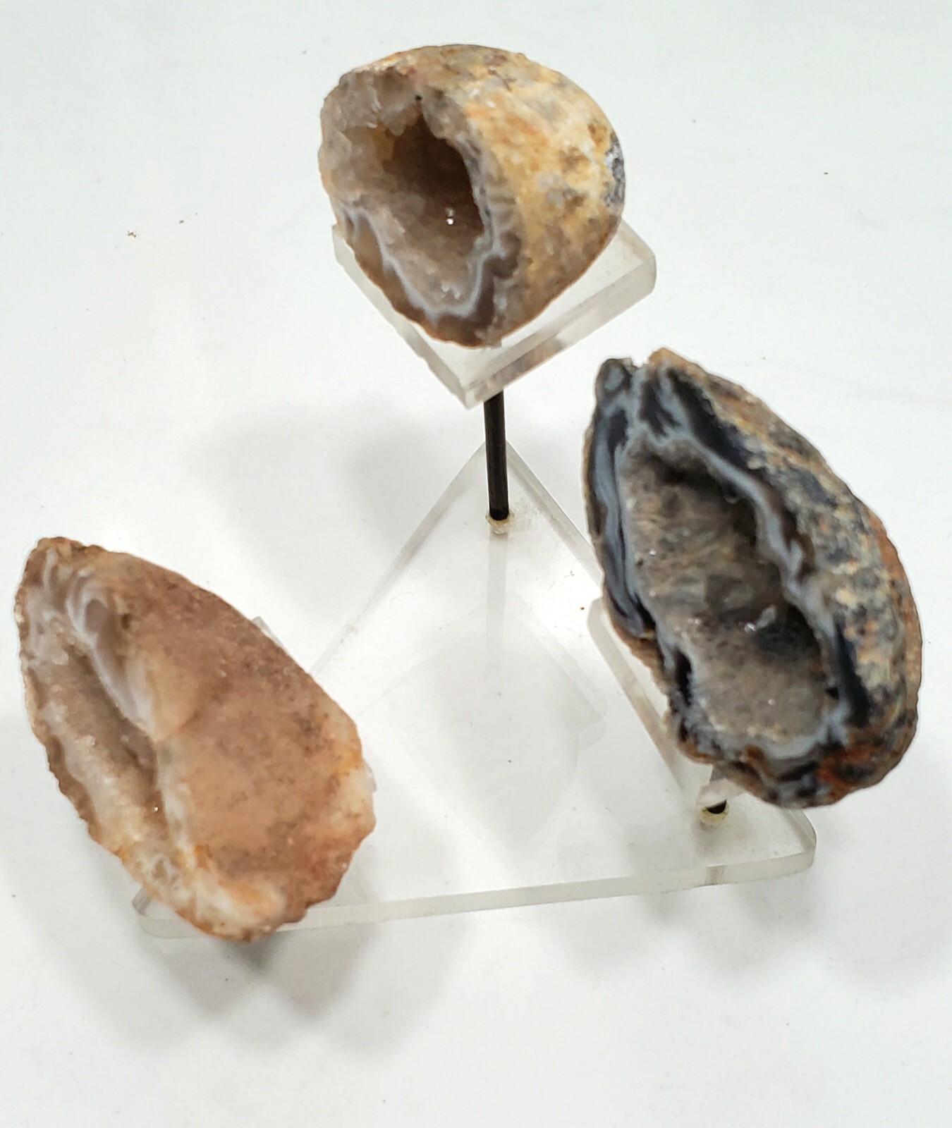 Set of 3 Natural Agate Geodes Displayed & set on a Triangular Lucite Stand