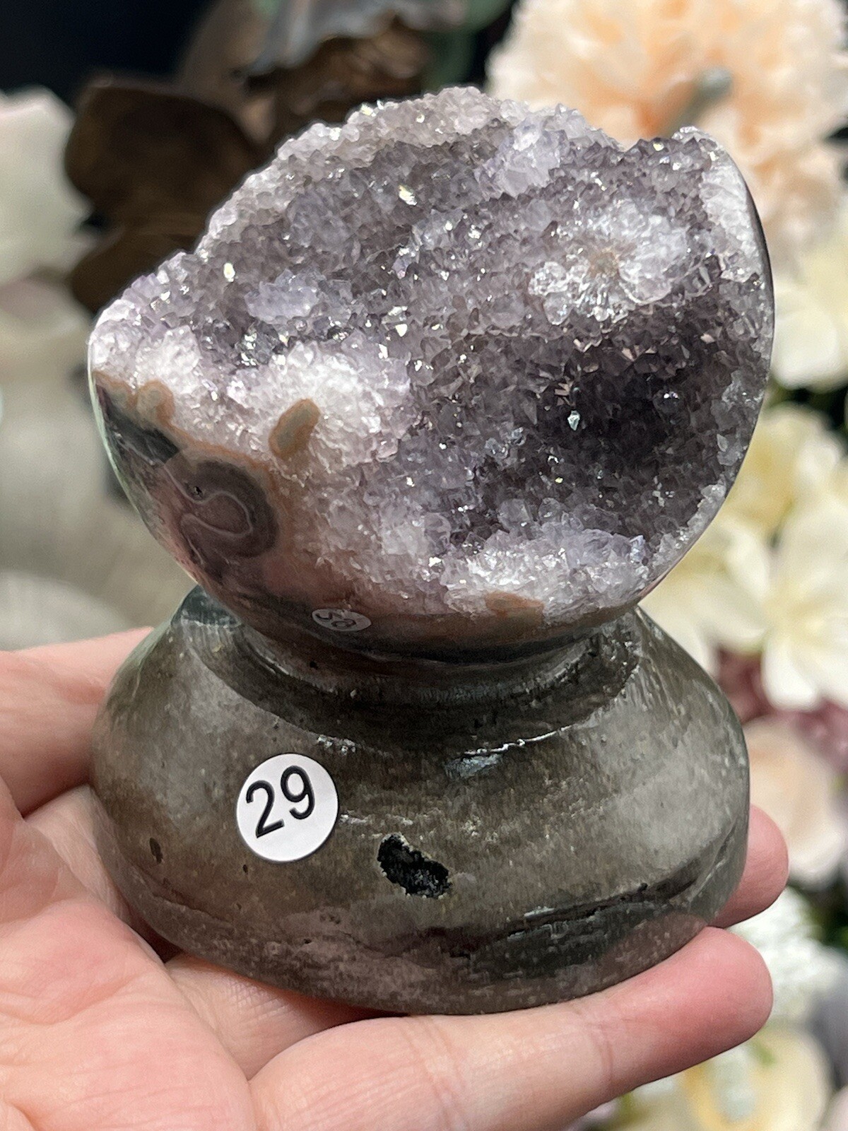 Natural Sugar Druzy Amethyst Geode Carved standing Spheres L@@K Free ship & Gift