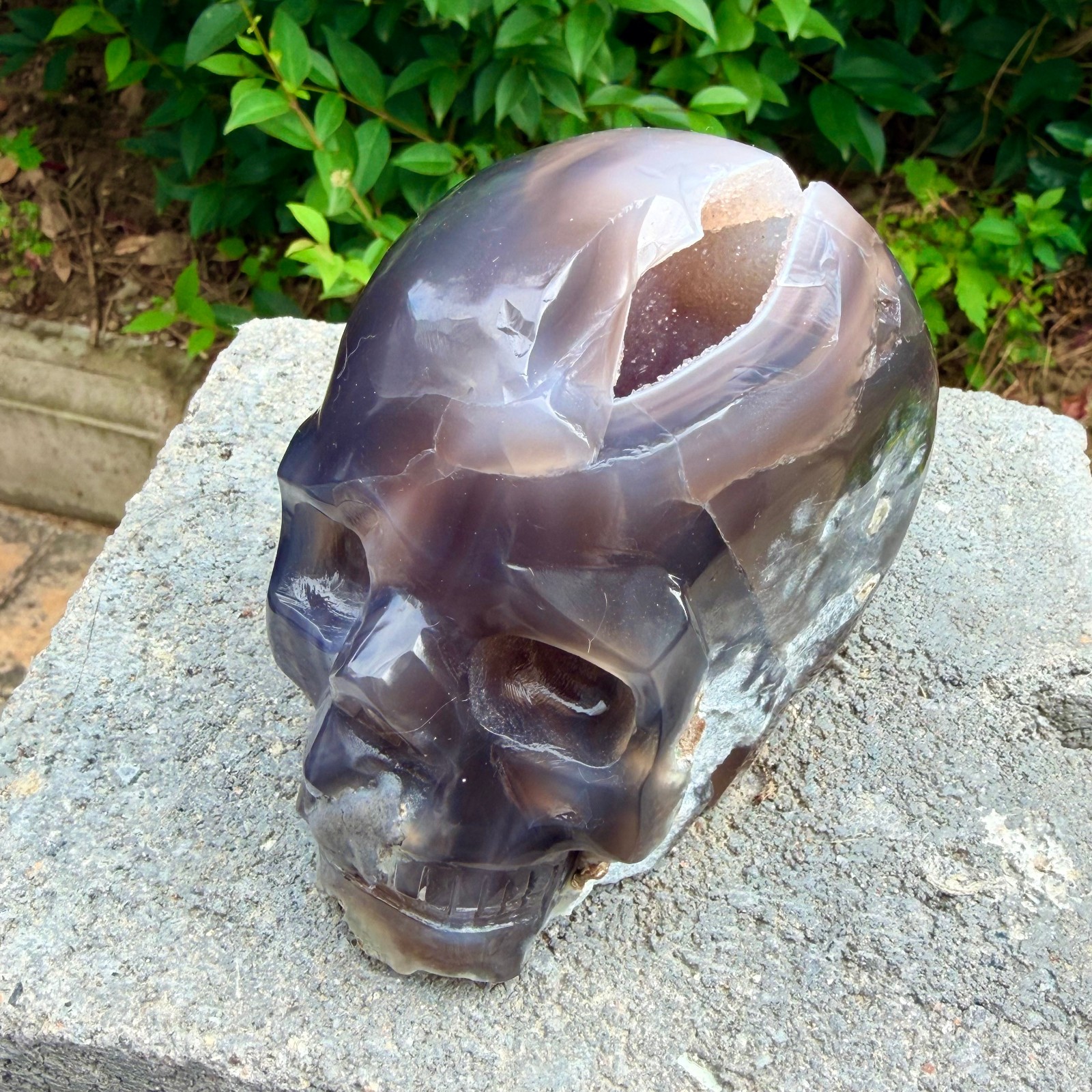 2.36lb Amethyst agate crystal cave skull, Rare hand carved skull specimen