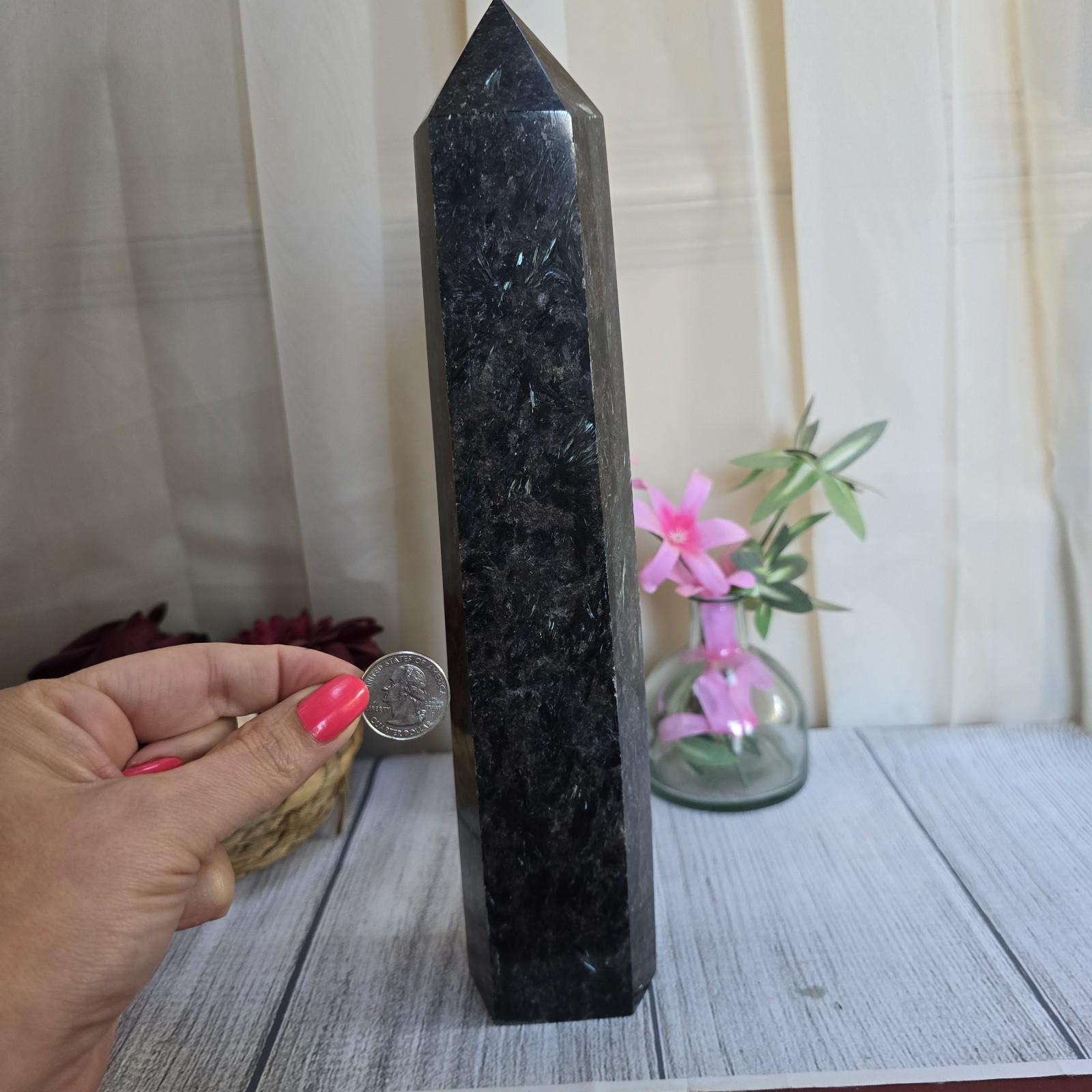 XL 11.5″ Arfvedsonite & Garnet Blue and Gold flashes Fireworks Stone Tower