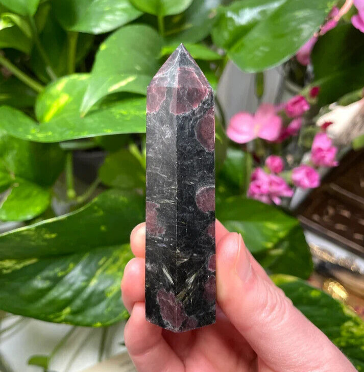 Natural Garnet in Arfvedsonite Stone Tower Point Healing Crystal Wand Desk Decor